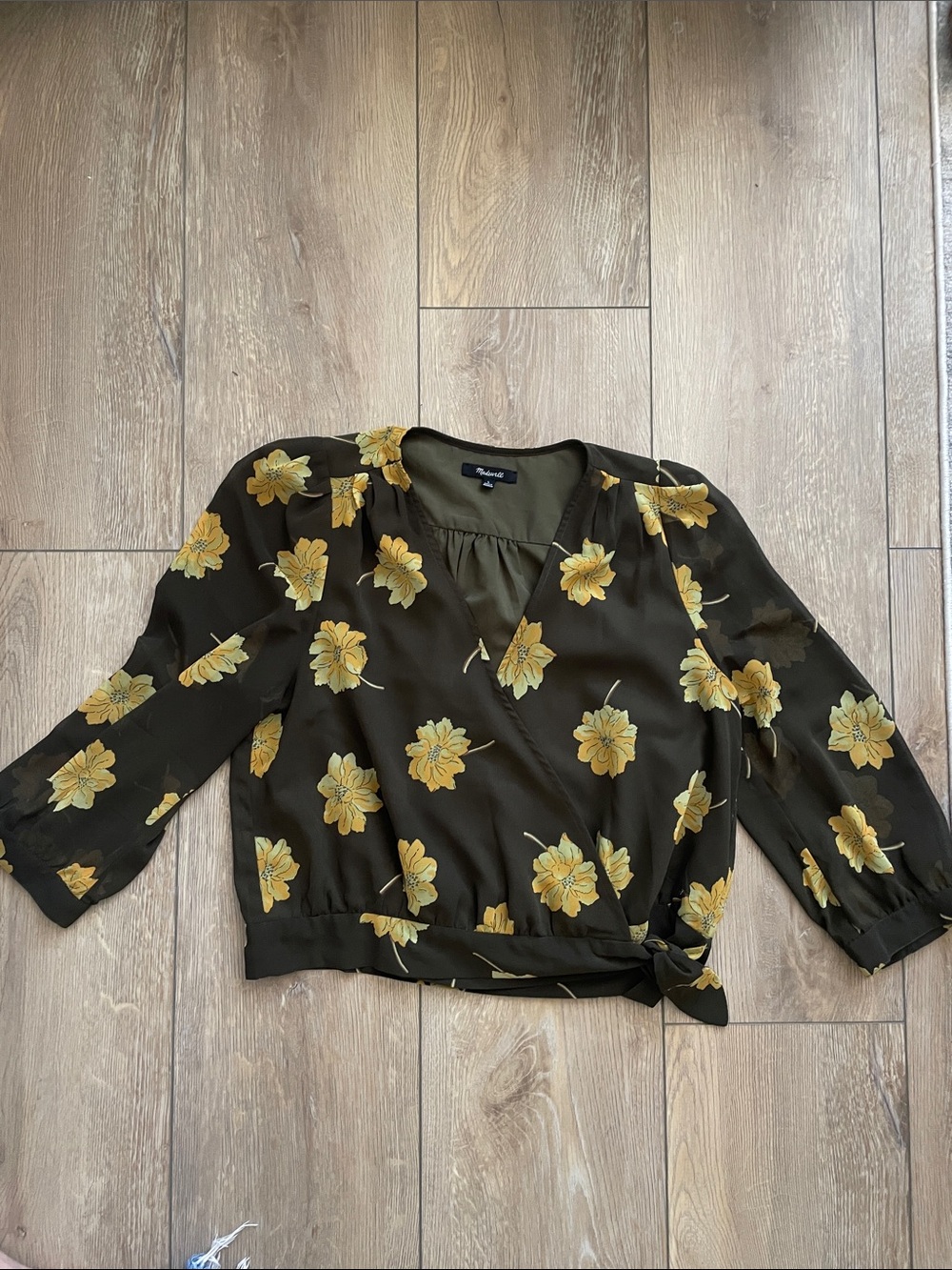 Madewell Olive Wrap Blouse with Yellow Floral Print